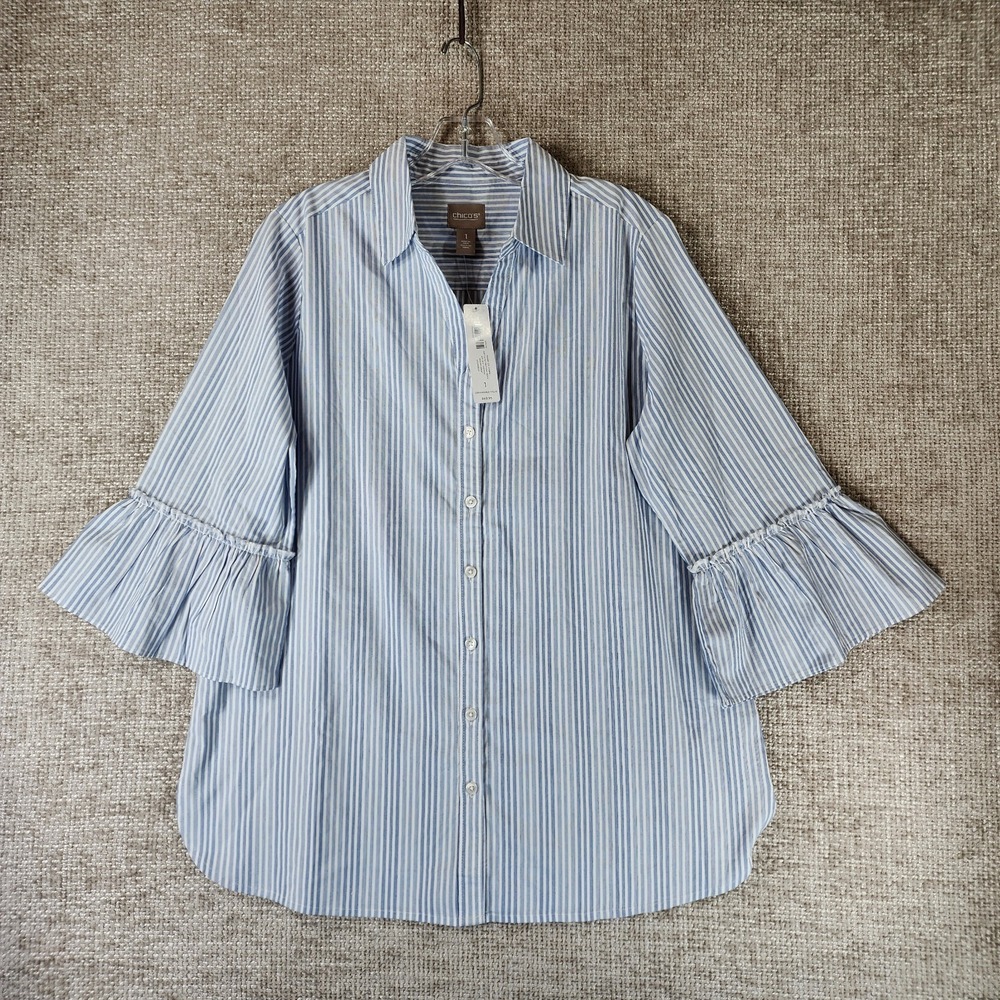 Chicos Marin Striped 3/4 Ruffle Sleeve Button Front Blouse Womens M Blue NWT